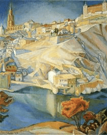 View of Toledo by Diego Rivera village on top of white sloping hillside with waterfront