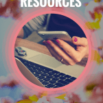 flower background, woman holding phone, computer on desk, text free spanish resources