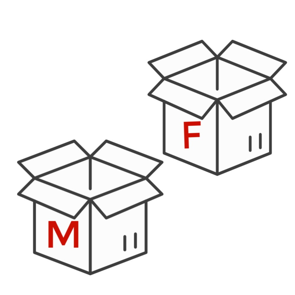 two open boxes one with letter m and other with letter f